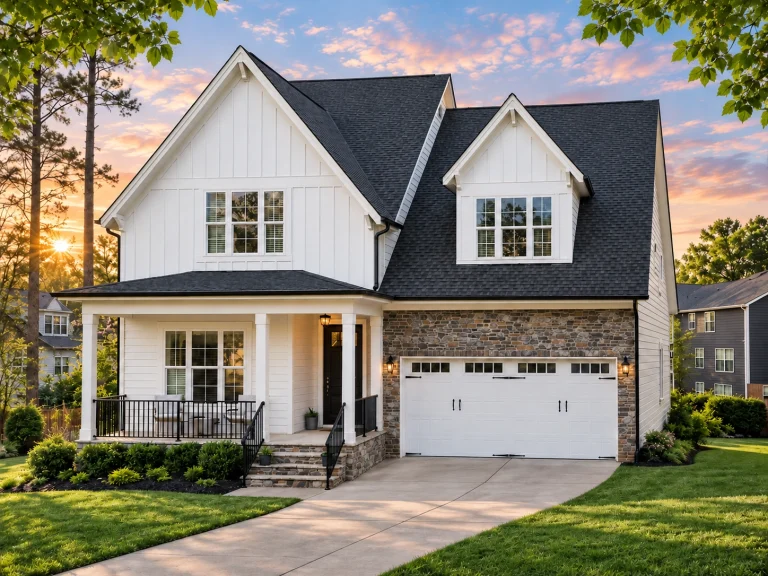 Top Designer-Approved House Plans 16 Front elevation of a modern farmhouse style home with white board and batten siding, black windows, steep gabled roof, and attached two car garage