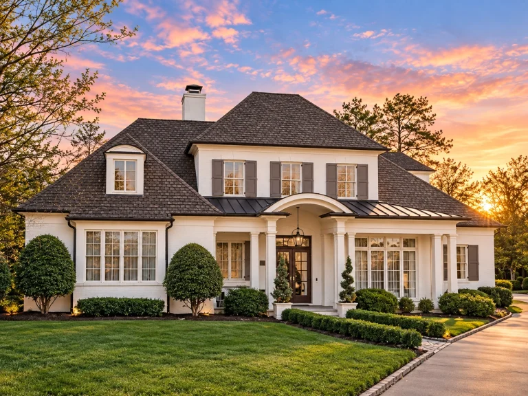 Front elevation of a French Provincial style home featuring a smooth stucco exterior, symmetrical windows with shutters, arched portico entry, and refined European detailing