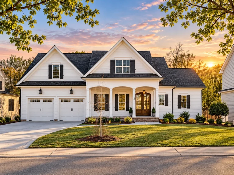 Front elevation of a New American Colonial style home with brick exterior, symmetrical windows, gabled rooflines, and covered front porch