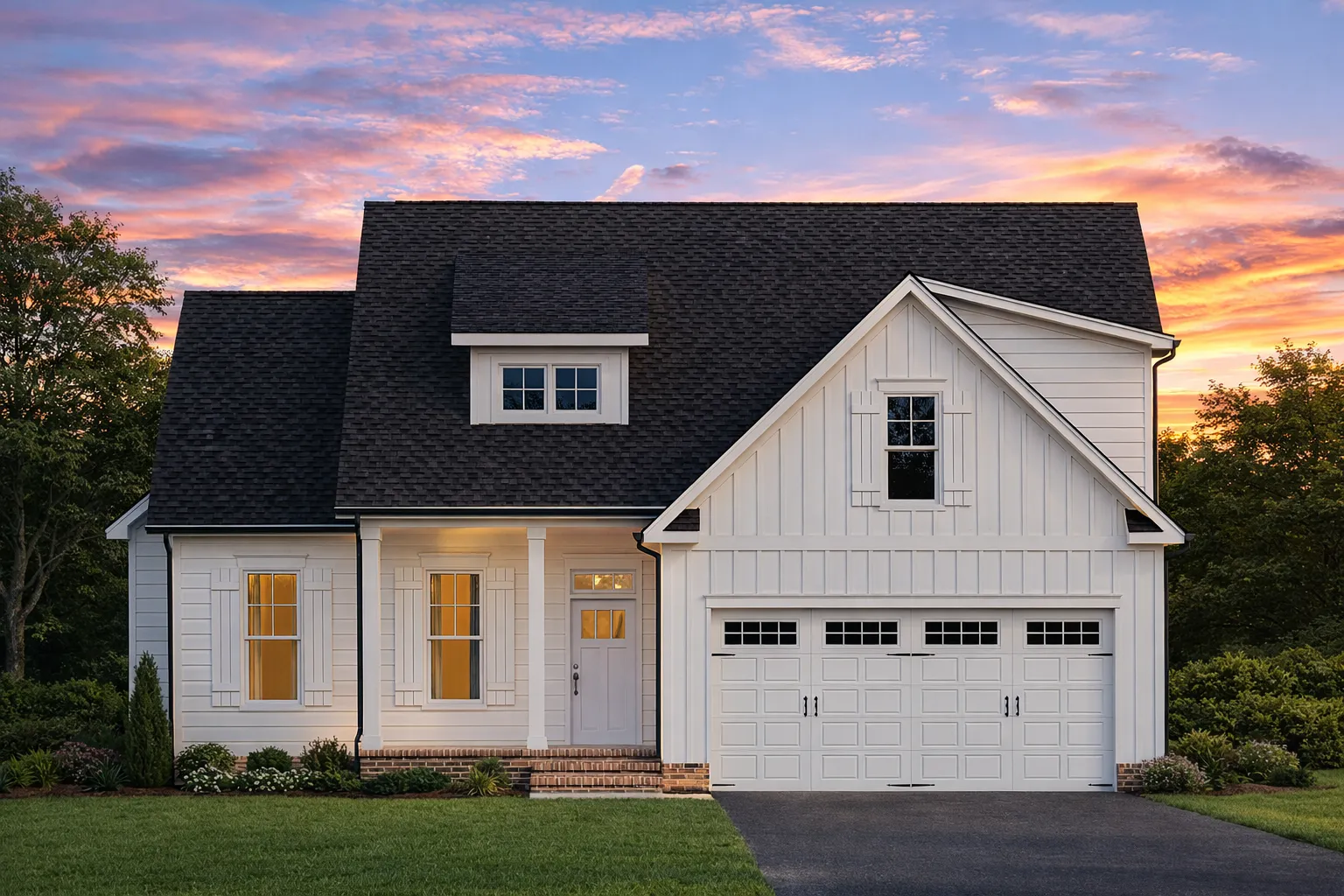 Front elevation of a Modern Farmhouse with board and batten siding, horizontal lap accents, gabled rooflines, and a welcoming covered porch entry