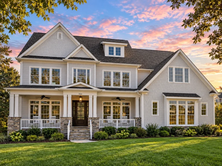 Front elevation of a New American Modern Traditional house featuring horizontal siding, board and batten accents, classic gables, and an inviting covered porch