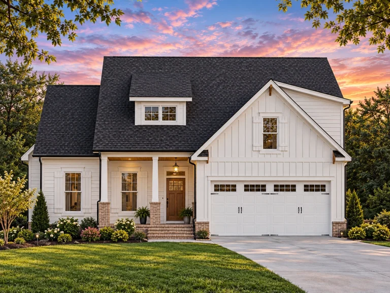 House Plans with Spacious Laundry Room 20 Front elevation of a Modern Farmhouse with board and batten siding, horizontal lap accents, gabled rooflines, and a welcoming covered porch entry