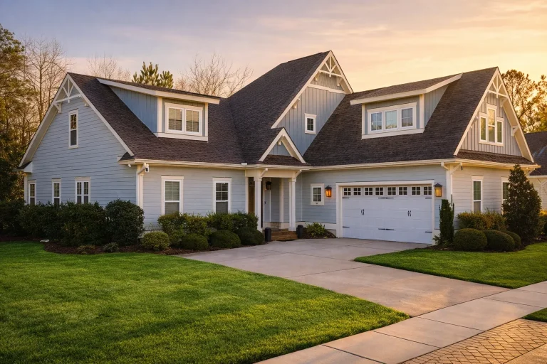 Front elevation of New American Modern Traditional home with horizontal lap siding, shingle gable accents, and two-car garage