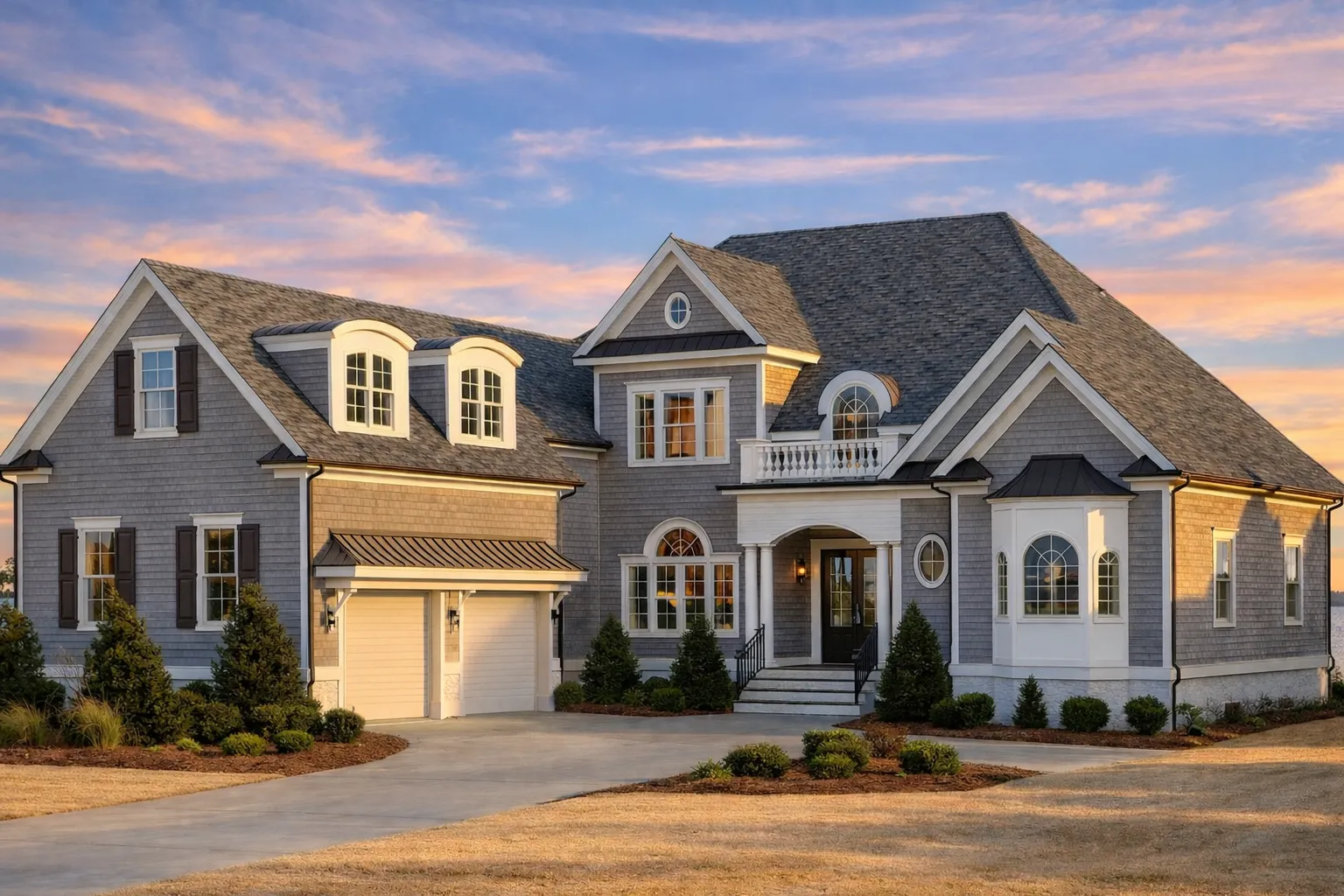 Front elevation of a New American Colonial Revival style home with symmetrical design, painted lap siding, shingle accents, and a grand covered entry