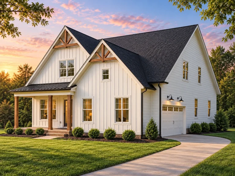 Ranch House Plans 6 Front elevation of a modern farmhouse style home with white board and batten siding, black roof, timber gable accents, and attached garage
