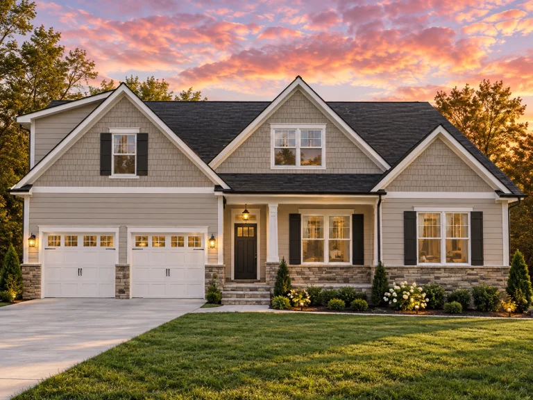 Front elevation of a New American modern traditional ranch home with stone veneer, horizontal siding, gable rooflines, and covered entry porch