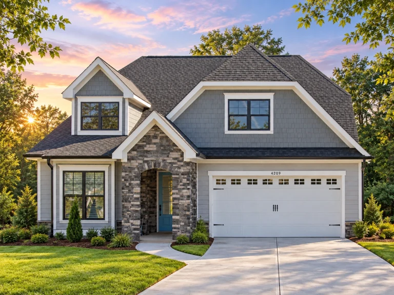 Front elevation of a New American modern traditional home with horizontal lap siding, stone veneer entry, dormer windows, and a 2-car garage