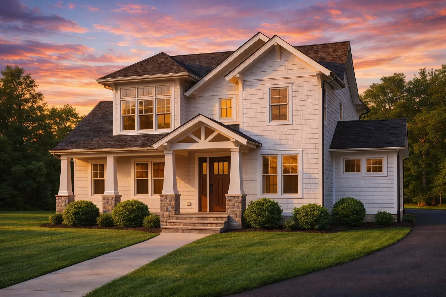 Front exterior of a New American Craftsman style home featuring shingle siding, stone porch piers, gabled rooflines, and covered entry