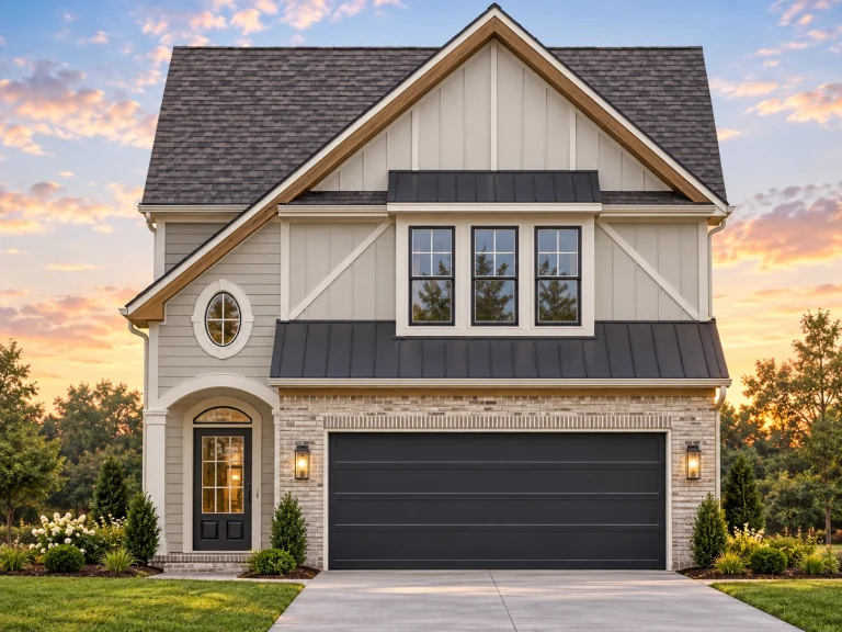 Front elevation of a two-story Traditional Transitional style home featuring brick and board and batten siding, gable roof, and double garage
