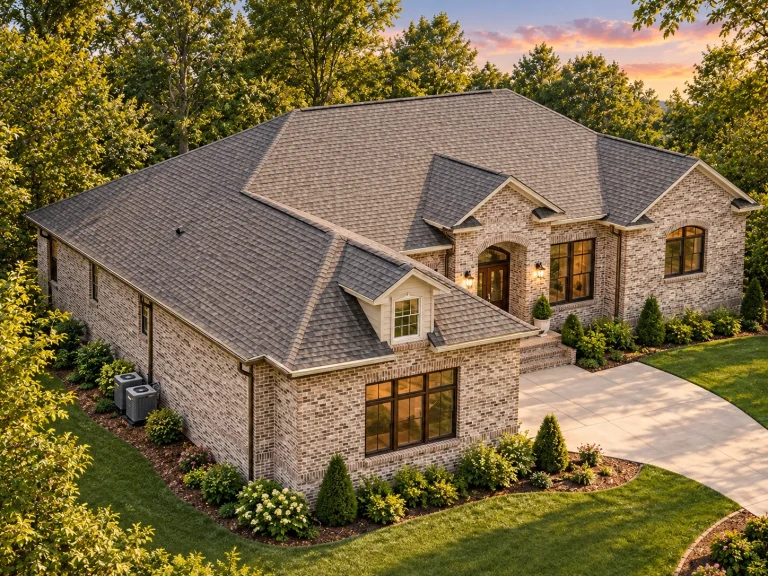 Front elevation of a traditional ranch-style home with brick exterior, symmetrical façade, arched entry, and manicured landscaping