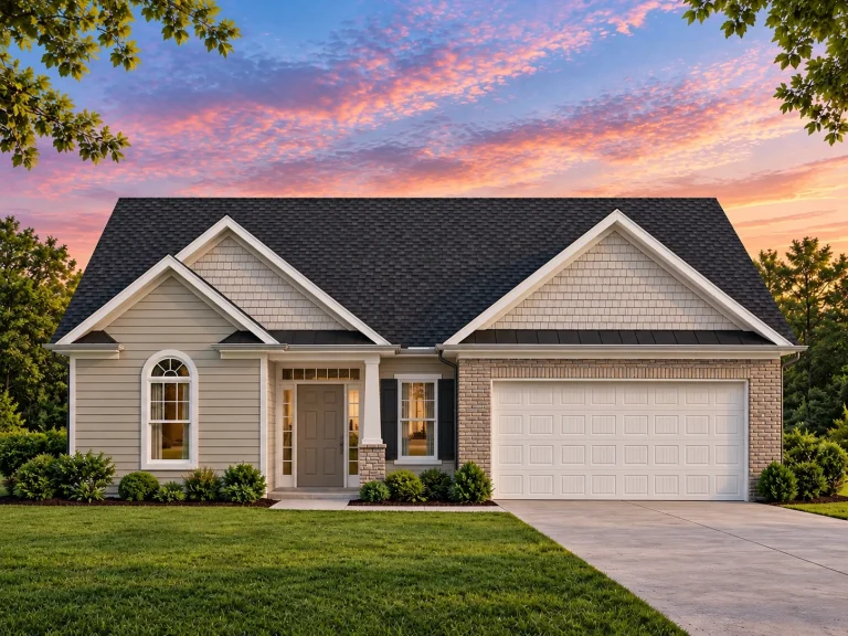 Barndominium House Plans 2 Front elevation of a Traditional Suburban Ranch style home featuring brick siding, board and batten gable accents, and a dark metal-look roof