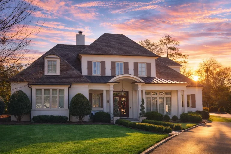 Front elevation of a French Provincial style home featuring a smooth stucco exterior, symmetrical windows with shutters, arched portico entry, and refined European detailing