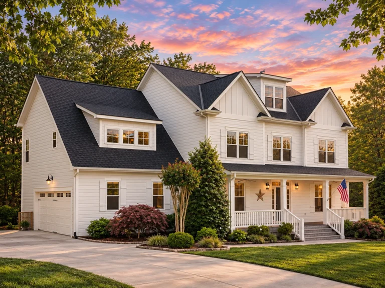 Front elevation of a Modern Farmhouse style home featuring board and batten siding, covered front porch, gabled rooflines, and traditional detailing