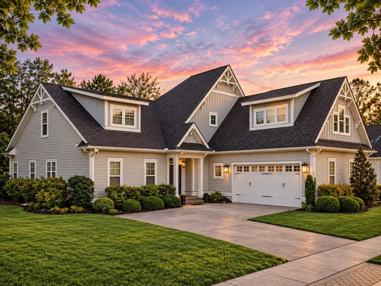 Front elevation of New American Modern Traditional home with horizontal lap siding, shingle gable accents, and two-car garage