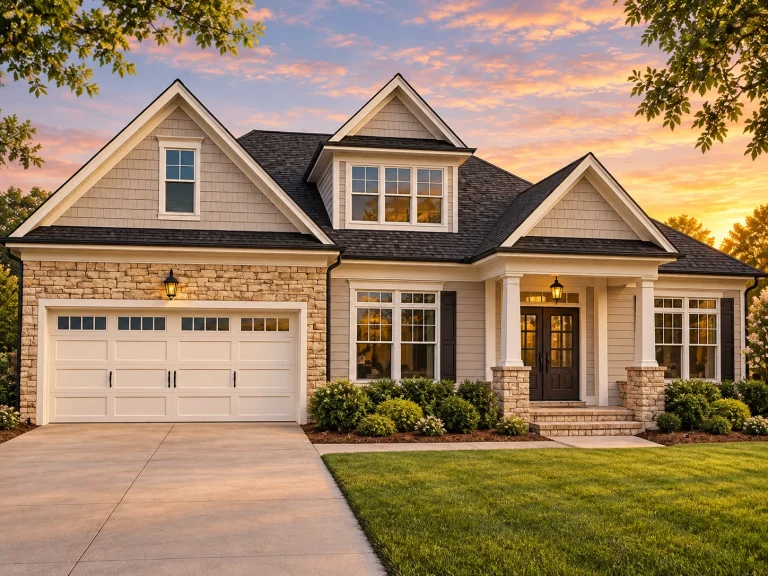 House Plans with Outdoor Kitchen 3 Front elevation of a Traditional Craftsman ranch home with brick and stone exterior, gabled rooflines, and covered porch entry