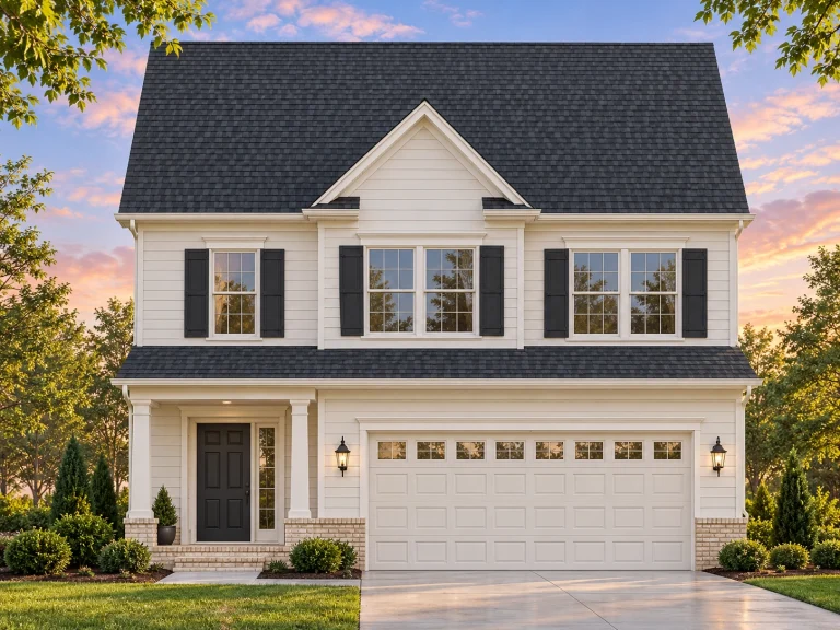 House Plans with Outdoor Kitchen 10 Front view of a Traditional Colonial style home featuring beige horizontal siding, red shutters, and a single-car garage with a covered porch entry