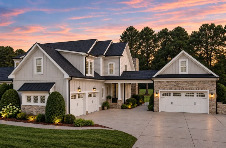 Southwestern House Plans 4 Front exterior view of a New American style luxury suburban home featuring brick and stone accents, board-and-batten siding, and multiple garages