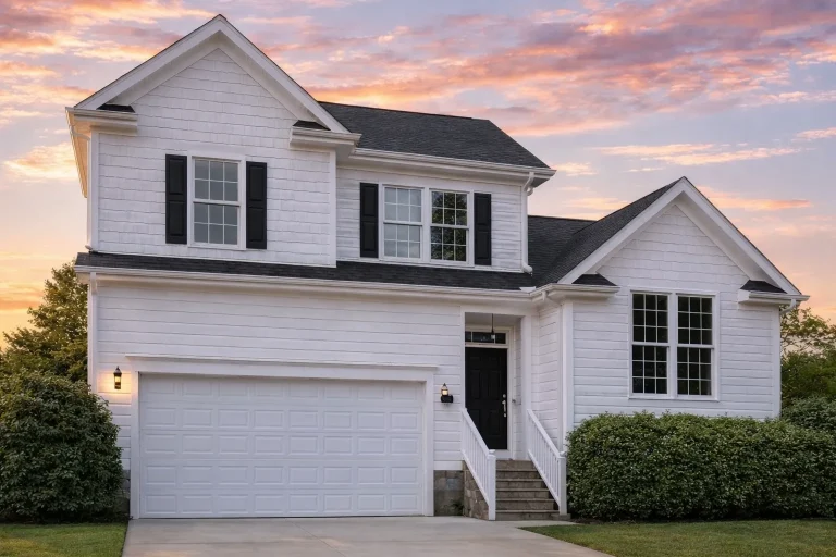 Front elevation of Traditional Neo-Colonial style home with horizontal lap siding, front-entry garage, and symmetrical windows
