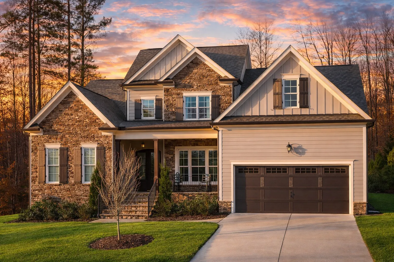 Front elevation of a New American style house with stone accents, horizontal siding, gabled rooflines, and an attached two-car garage