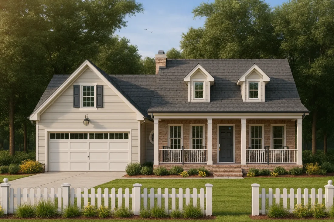 Front view of a Cape Cod Traditional style home with gray shingle roof, white siding, black shutters, and a welcoming red front door.