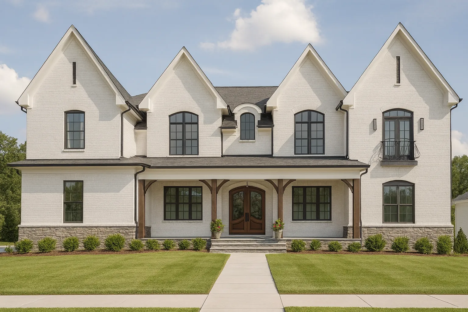 Front view of a French Country style home with painted white brick, stone foundation, black window trim, and wood columns framing the front porch entry