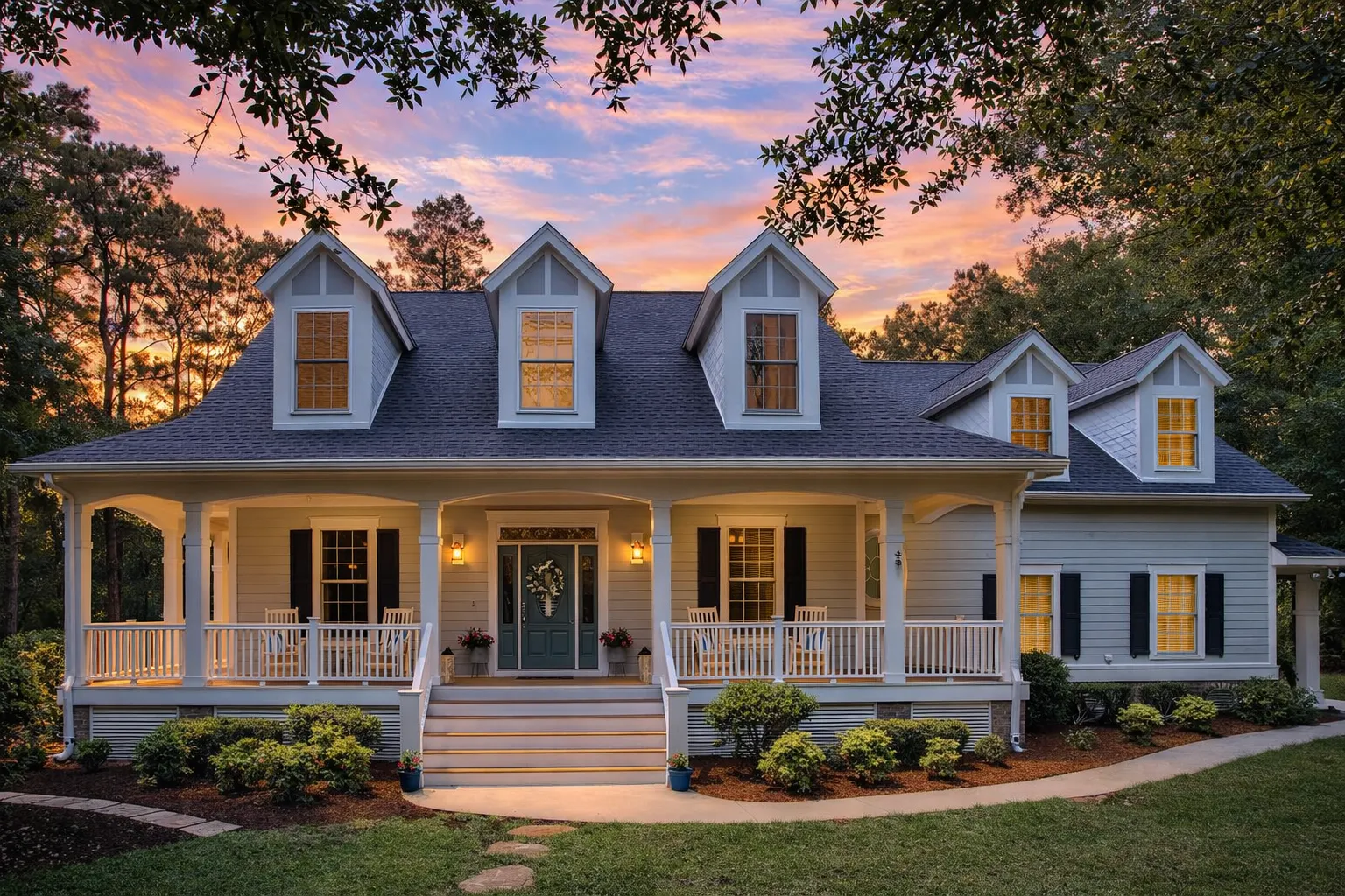 Front elevation of a Coastal Farmhouse style home featuring horizontal lap siding, dormer windows, and a wide covered front porch