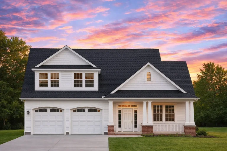 Front view of a Traditional New American style home featuring beige siding, partial stone veneer, symmetrical windows, and a covered porch with columns