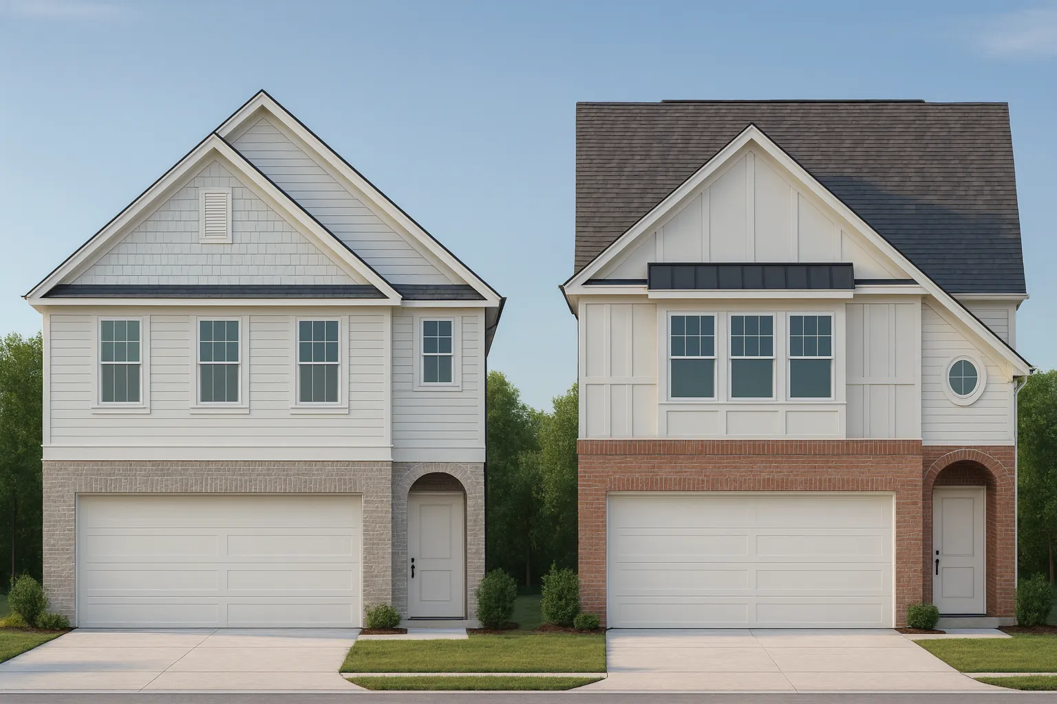 Front elevation of a two-story Traditional New American style home featuring brick on the first floor, horizontal siding above, and board and batten gable details