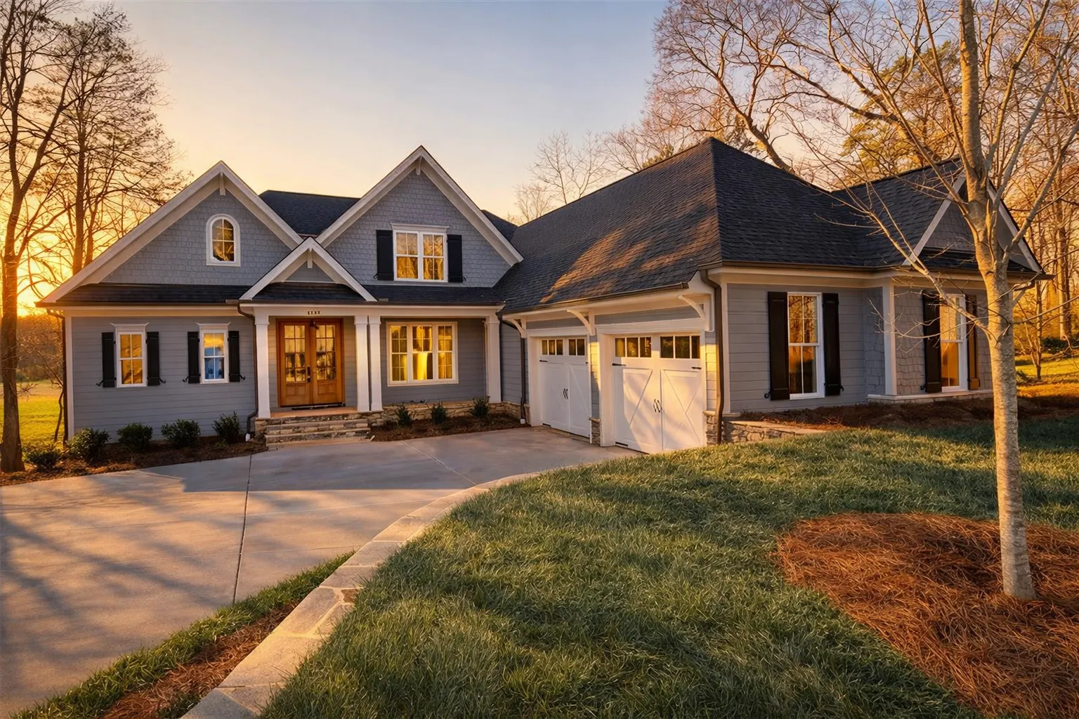 House Plans with Mudroom 3 Front exterior of a New American style home with shingle accents, horizontal siding, gabled rooflines, and side-entry garage at sunset