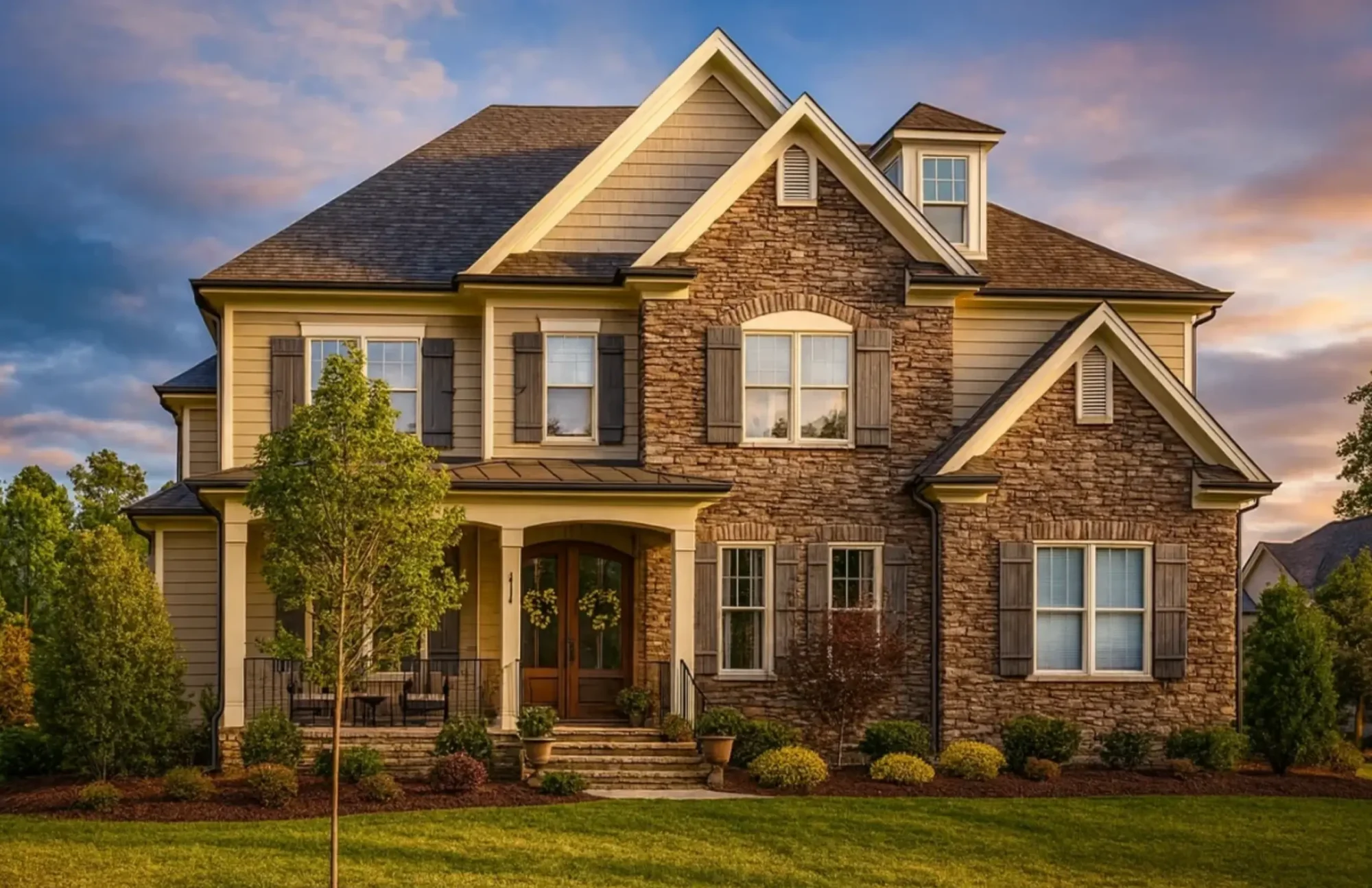 Front elevation of a New American modern traditional two-story home with brick exterior, horizontal siding accents, steep gables, and an arched covered front porch entry.