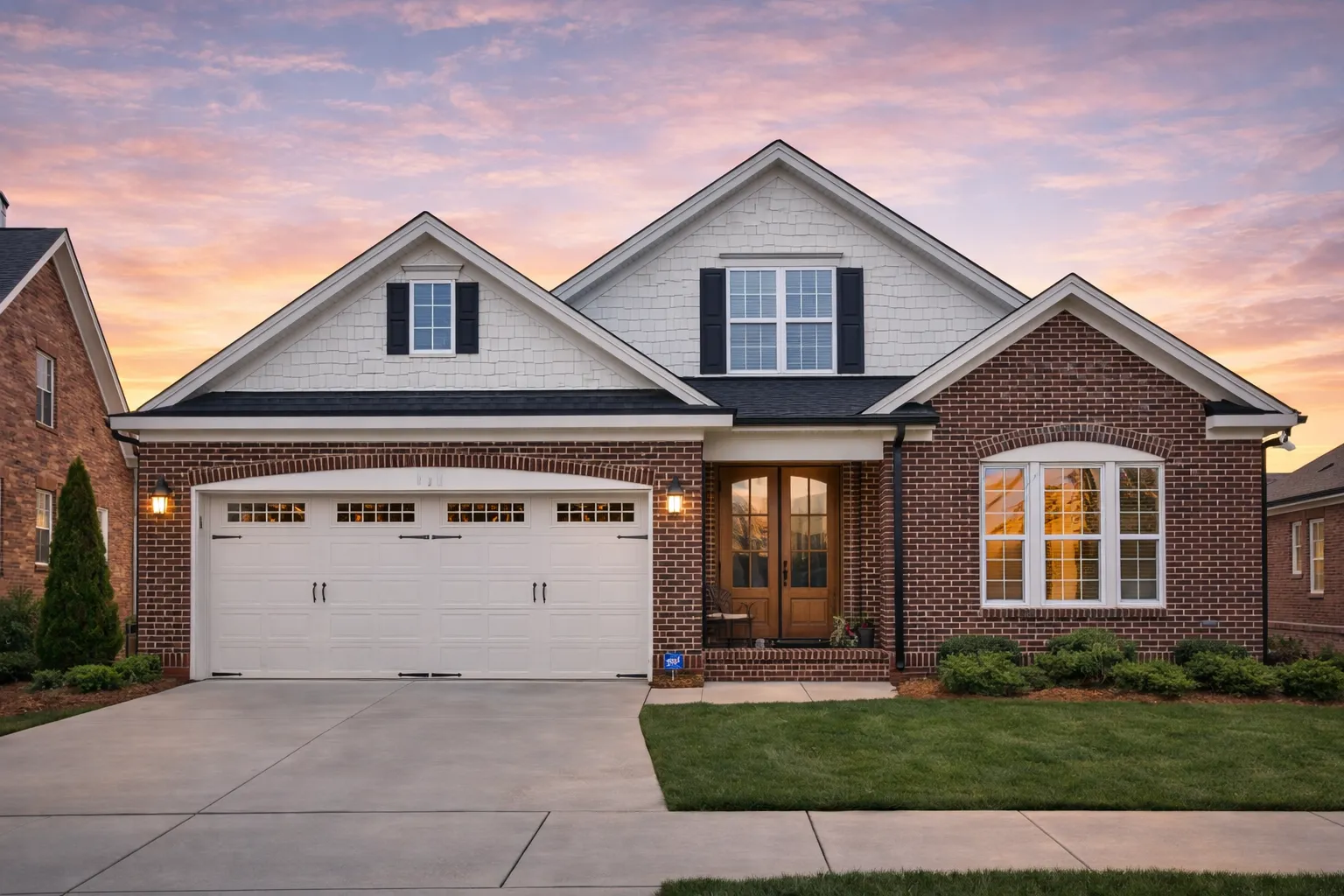 Front elevation of a Traditional Colonial Revival style brick home with symmetrical windows, gabled rooflines, and arched entry