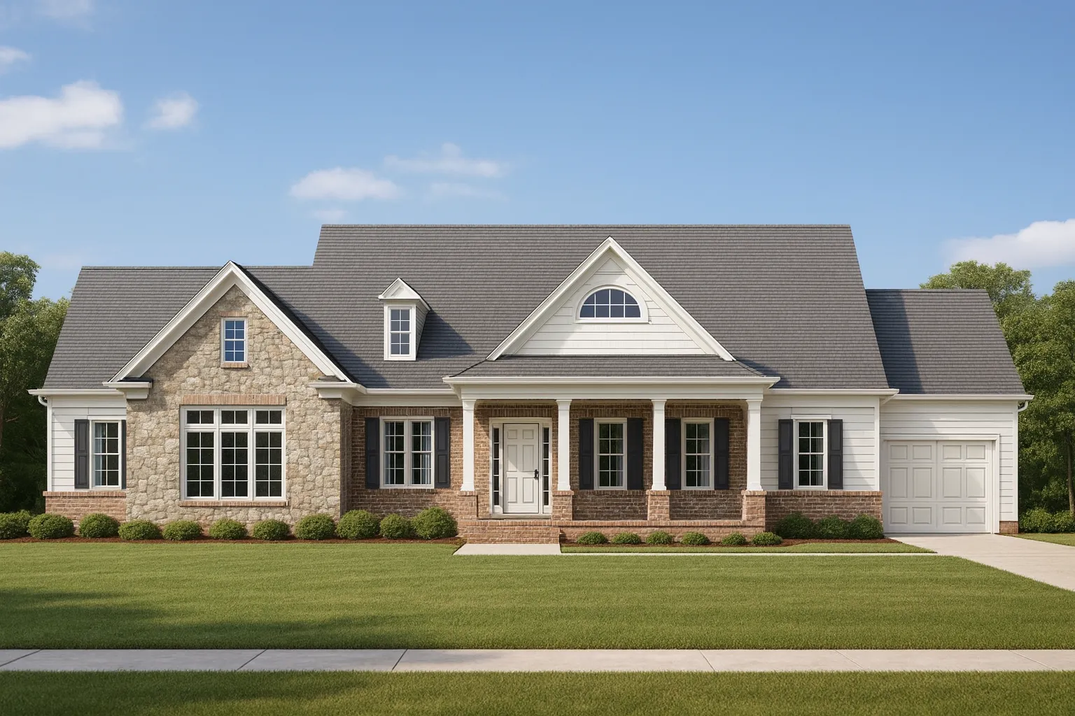 Front elevation of a Traditional Ranch style home featuring stone, brick, and horizontal siding with a welcoming covered porch