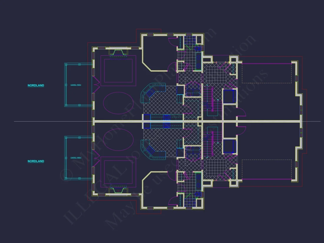 Elegant Duplex House Plan with Colonial Revival Architecture