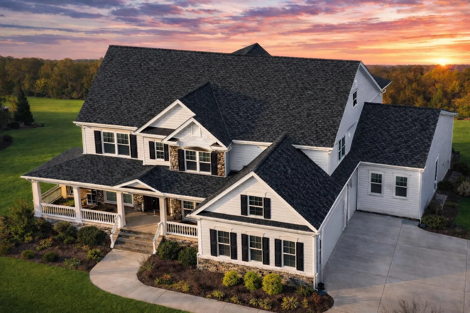 Front exterior of a Traditional Colonial style home featuring horizontal siding, stone accents, symmetrical windows, and a covered entry porch