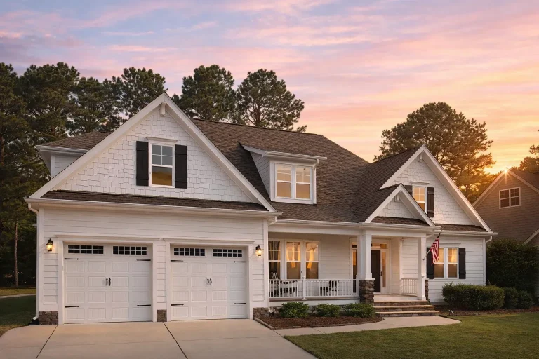 Front elevation of a New American Craftsman style house featuring horizontal siding, stone accents, gabled rooflines, and a covered front porch