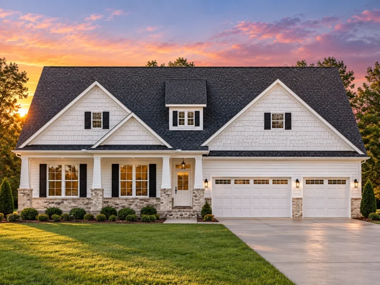 Front elevation of a New American style farmhouse home with horizontal siding, stone accents, gabled roof, and attached garage