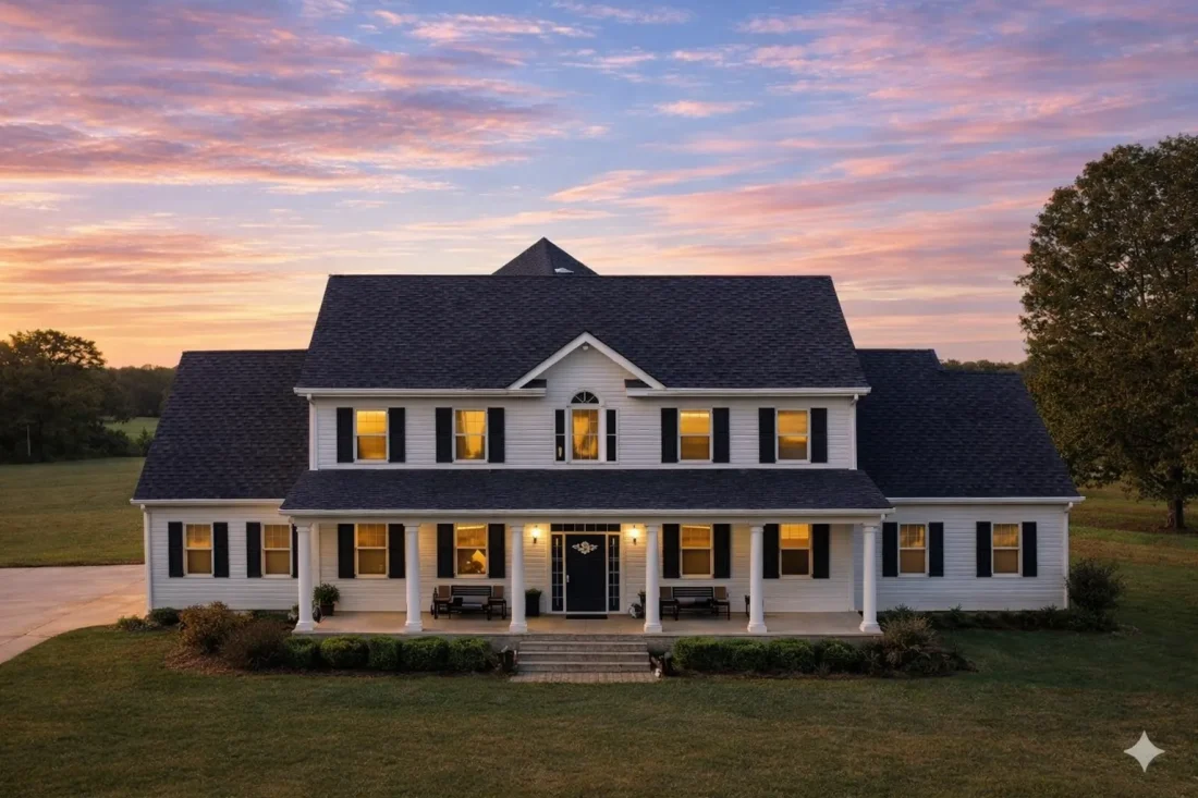Front elevation of a Traditional Colonial style home with symmetrical façade, horizontal lap siding, black shutters, and covered front porch