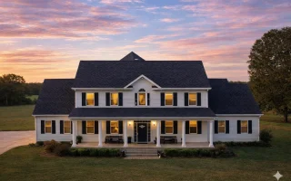 Front elevation of a Traditional Colonial style home with symmetrical façade, horizontal lap siding, black shutters, and covered front porch