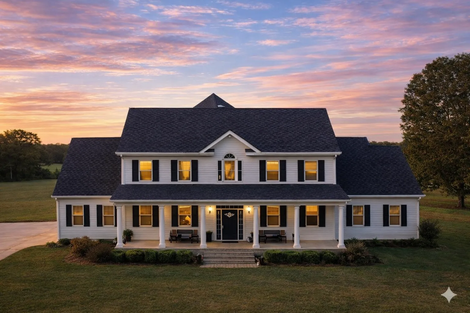 Garage and Vehicle Storage 23 Front elevation of a Traditional Colonial style home with symmetrical façade, horizontal lap siding, black shutters, and covered front porch