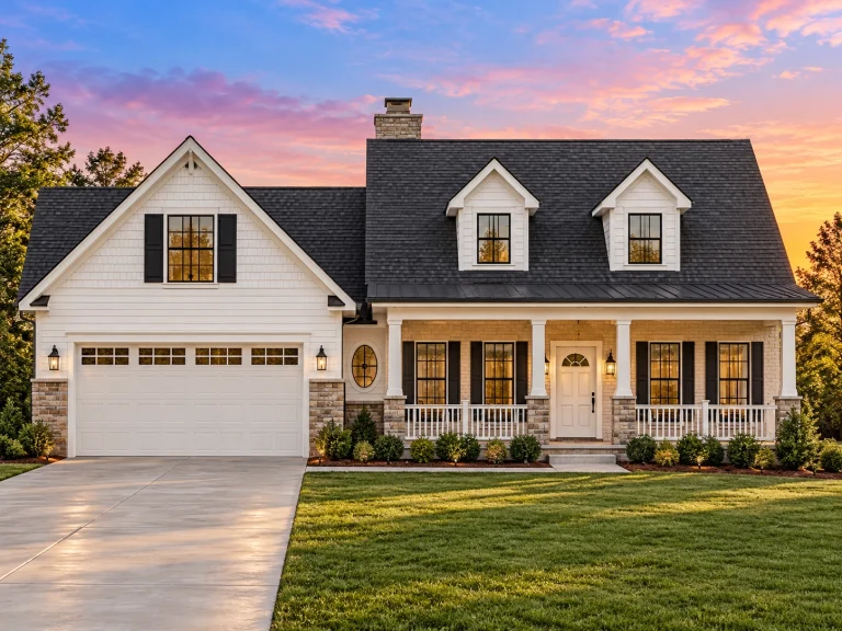 Front view of a Cape Cod Traditional style home with gray shingle roof, white siding, black shutters, and a welcoming red front door.