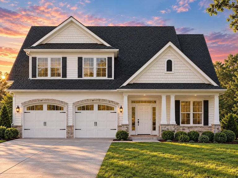 Front view of a Traditional New American style home featuring beige siding, partial stone veneer, symmetrical windows, and a covered porch with columns