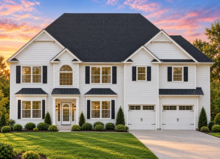 Front exterior of a Traditional Colonial style home with white horizontal siding, black shutters, centered entry, and attached two-car garage