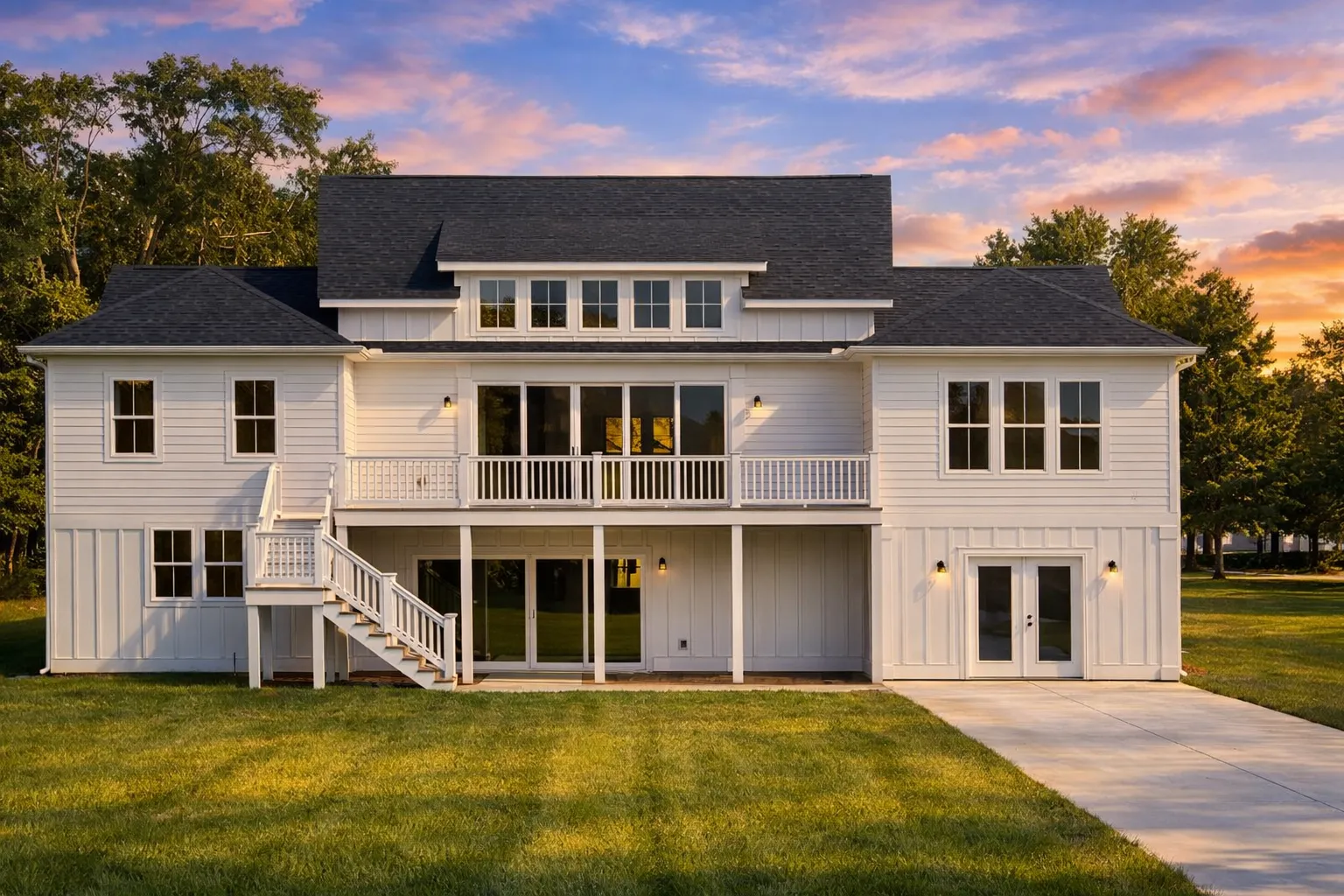 Rear view of Modern Farmhouse style home with white horizontal lap siding, upper covered deck, exterior staircase, and walkout basement patio