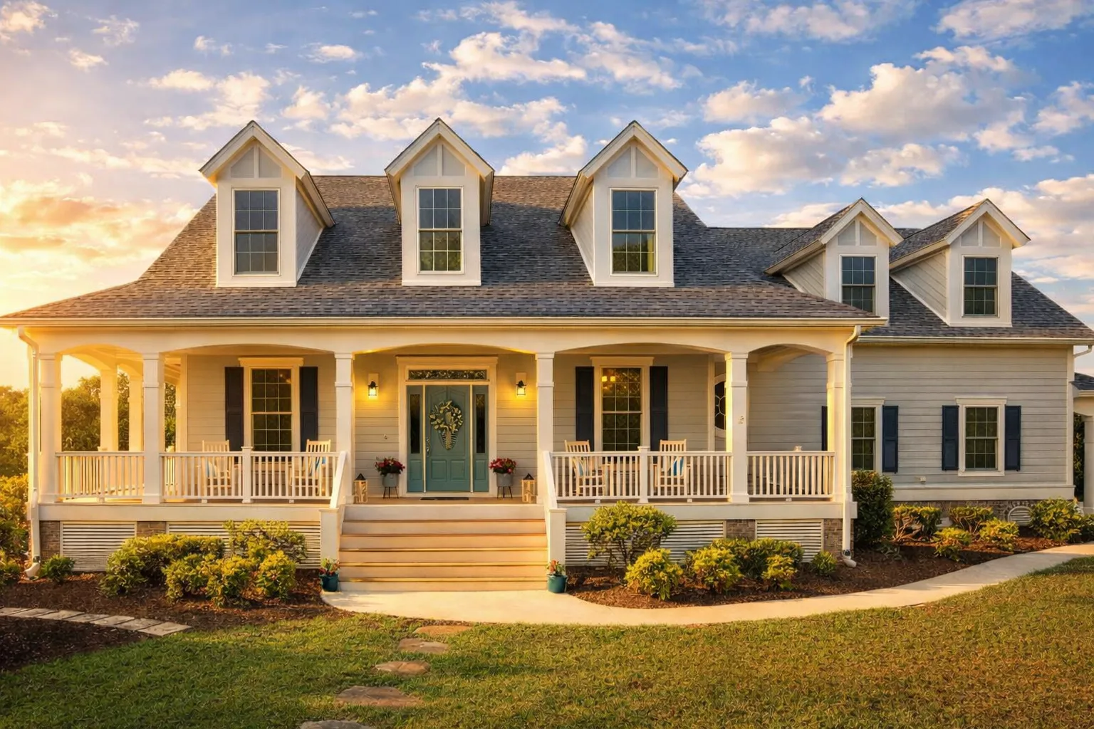 Front elevation of a Coastal Farmhouse style home featuring horizontal lap siding, dormer windows, and a wide covered front porch