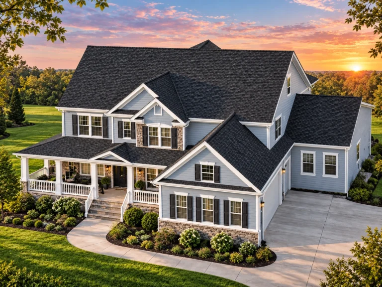 Front exterior of a Traditional Colonial style home featuring horizontal siding, stone accents, symmetrical windows, and a covered entry porch