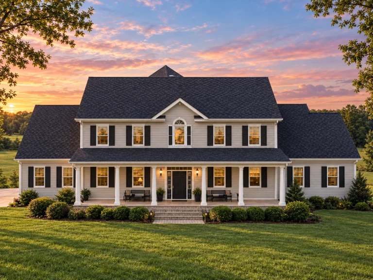 Front elevation of a Traditional Colonial style home with symmetrical façade, horizontal lap siding, black shutters, and covered front porch