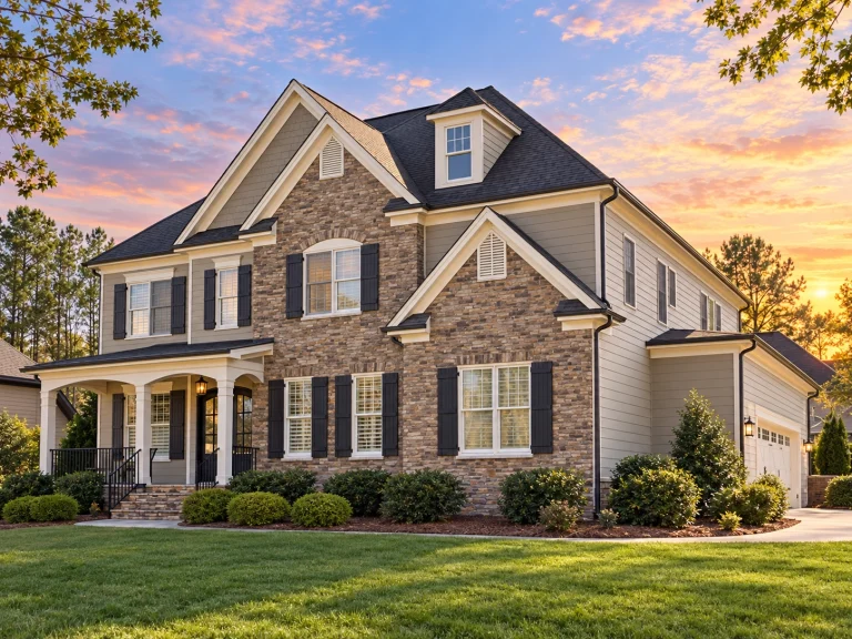 Front elevation of a New American modern traditional two-story home with brick exterior, horizontal siding accents, steep gables, and an arched covered front porch entry.