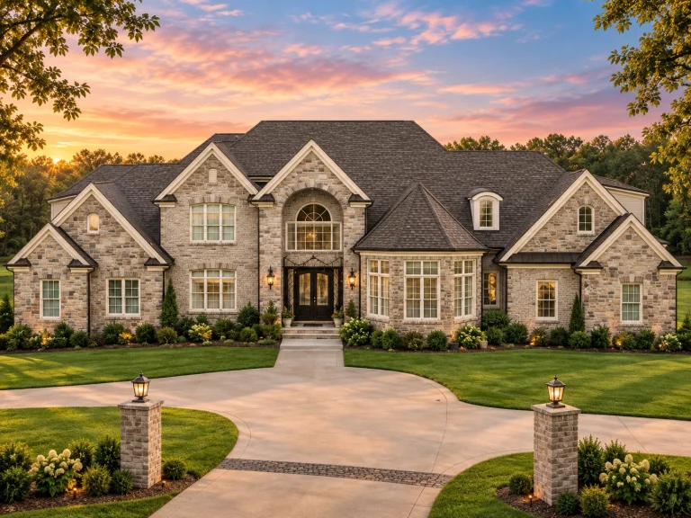 Front elevation of a New American Traditional style house with brick and stone exterior, symmetrical design, arched entry, and manicured landscaping