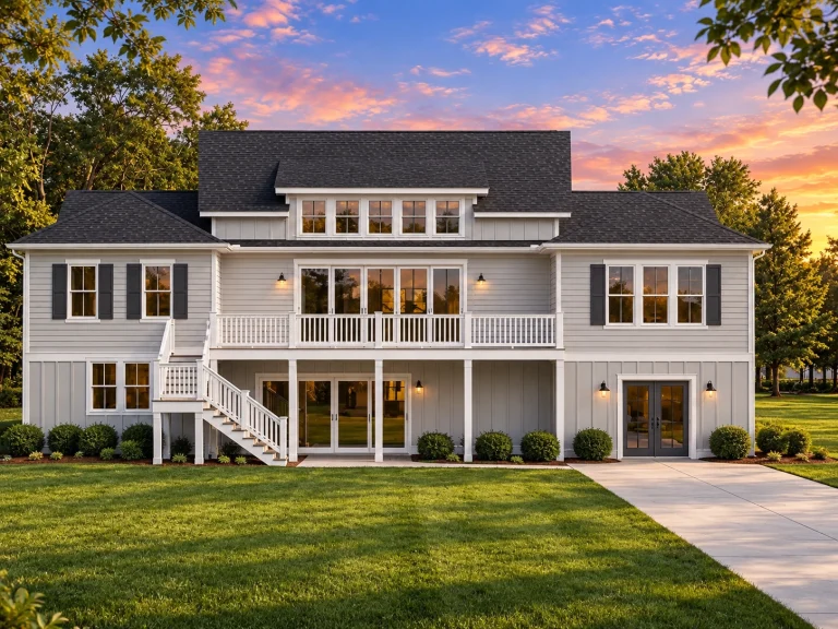 Rear view of Modern Farmhouse style home with white horizontal lap siding, upper covered deck, exterior staircase, and walkout basement patio