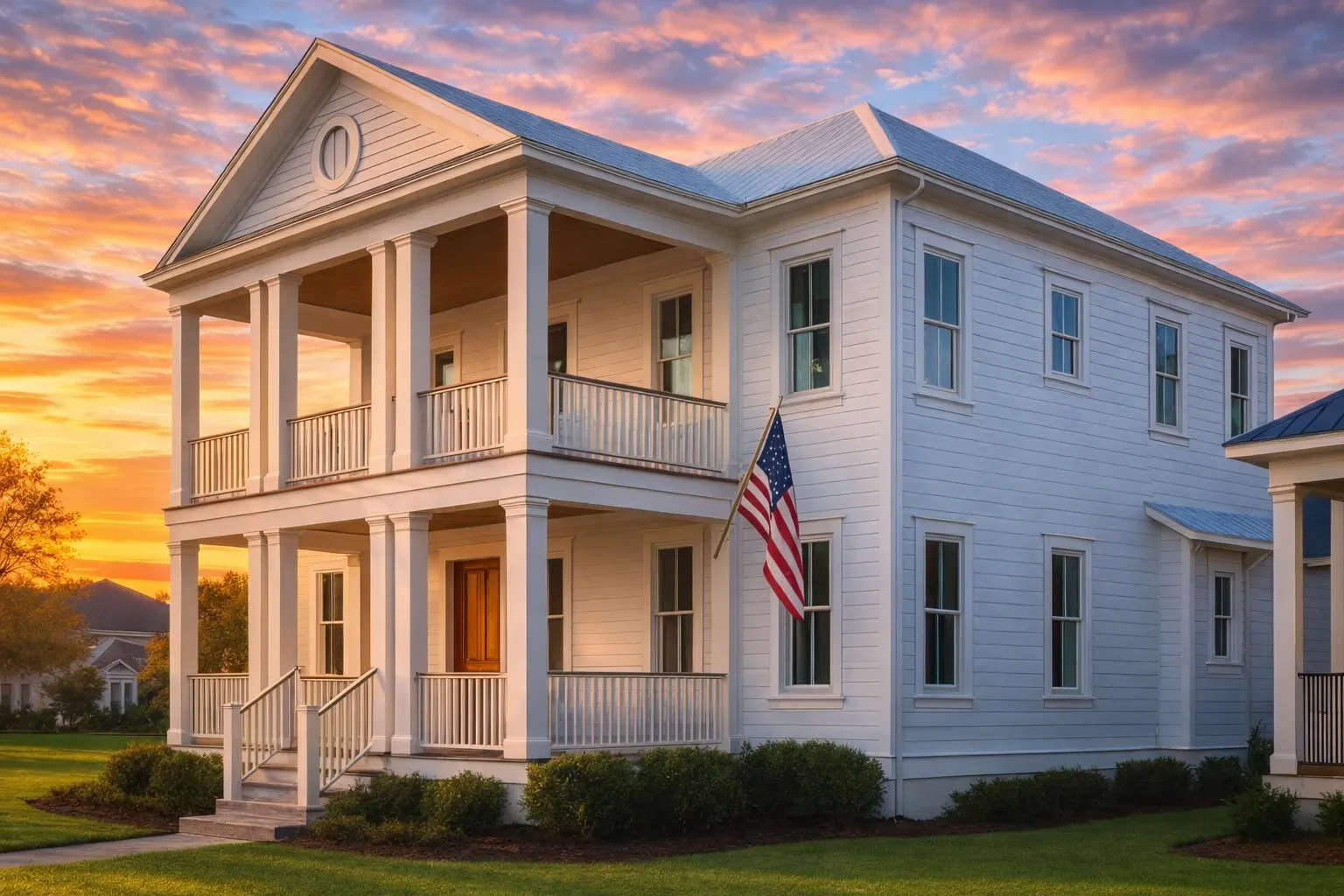Front elevation of a Colonial style Southern home featuring horizontal siding, double-story covered porches, and classic symmetrical design